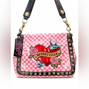 Betseyville Betsey Johnson Pink Checkerboard Heart Studded Shoulder Bag Y2K